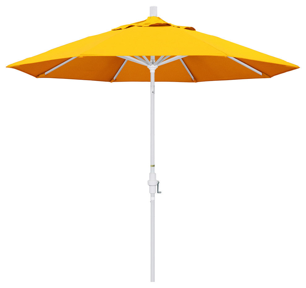 9' Matted White Collar Tilt Crank Lift Aluminum Umbrella, Sunbrella, Sunflower Y