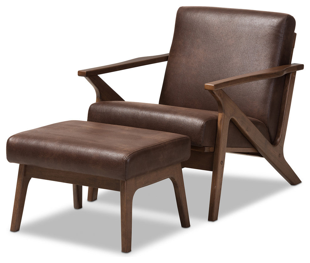 Bianca Wood Dark Brown Distressed Faux Leather Effect Lounge Chair w/ Ottoman