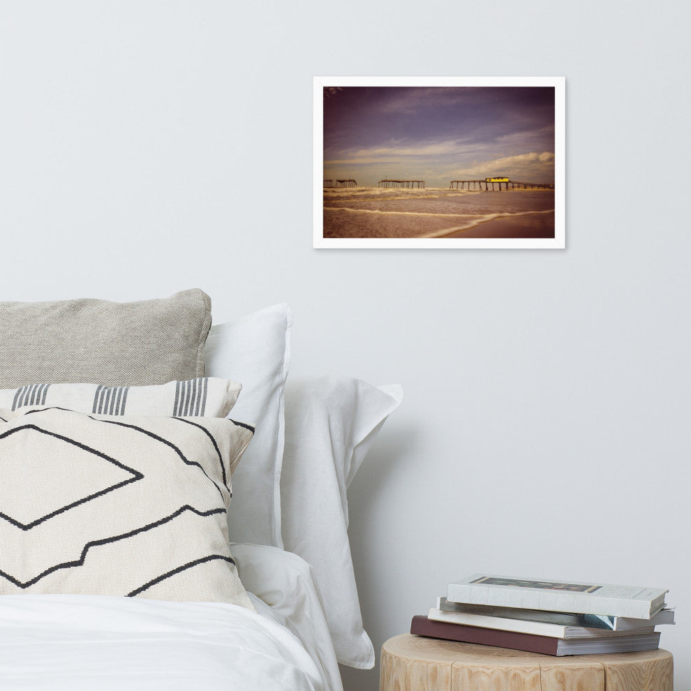 Aged View of Frisco Pier Coastal Framed Photo Paper Print, White, 12" X 18"
