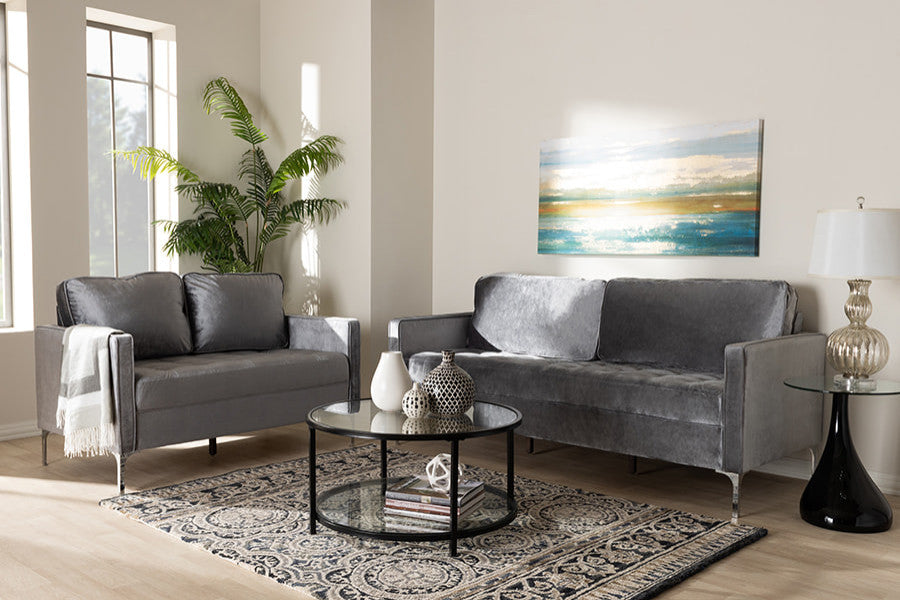 Clara Grey Velvet Fabric 2-Piece Living Room Set