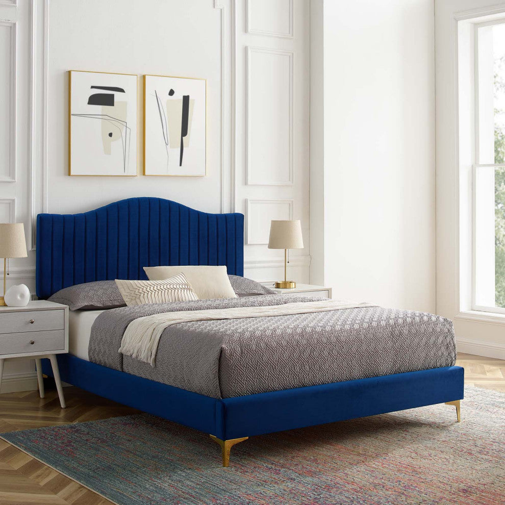 Tufted Platform Bed Frame, Full Size, Velvet, Blue Navy, Modern Contemporary