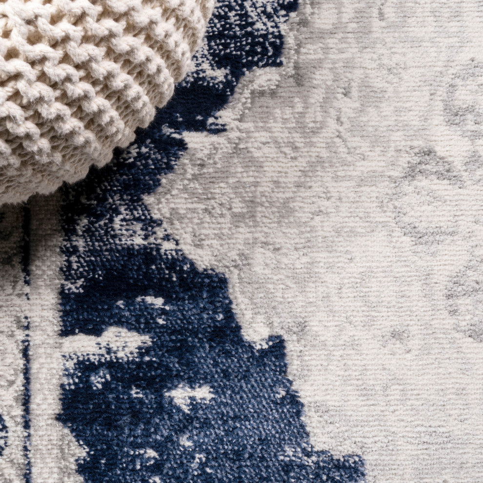Alhambra Ornate Medallion Modern Runner Rug, Ivory/Navy, 5x8