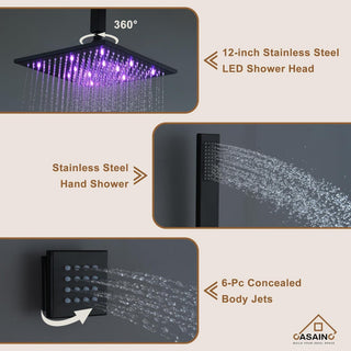 CASAINC 12" Ceiling Mounted Luxury LED Shower Head Handheld Spray, Matte Black