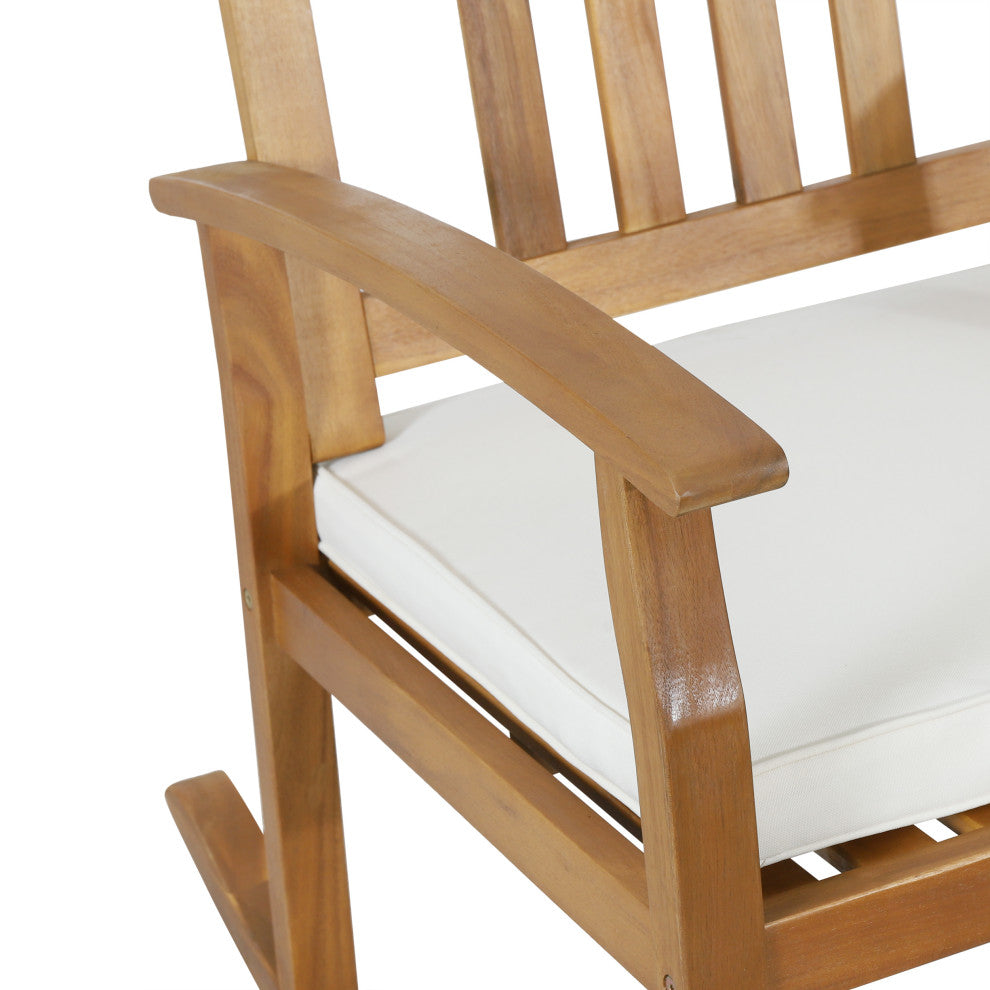 Kessler Outdoor Acacia Wood Rocking Chair With Cushion, Teak and Beige