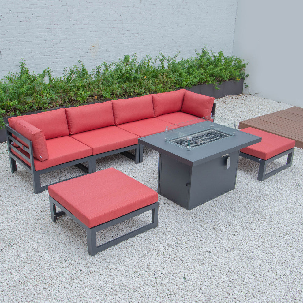 LeisureMod Chelsea 7-Piece Outdoor Sectional With Fire Pit Table, Red