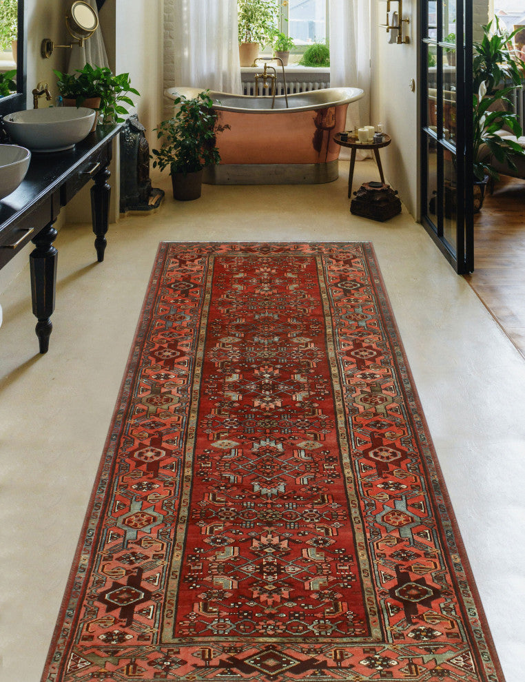 Fine Vintage Distressed Collyer Burgundy/Rose Runner, 4'1x10'1