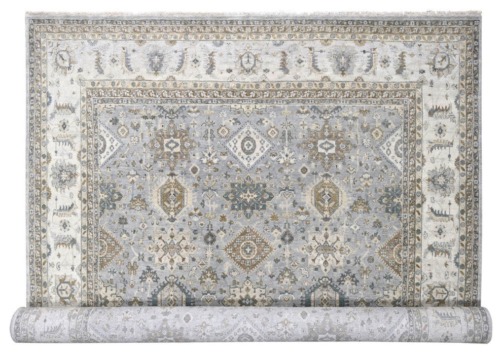 Lavender Gray With Ivory Hand Knotted Karajeh Design Wool Rug 12'2"x17'11"