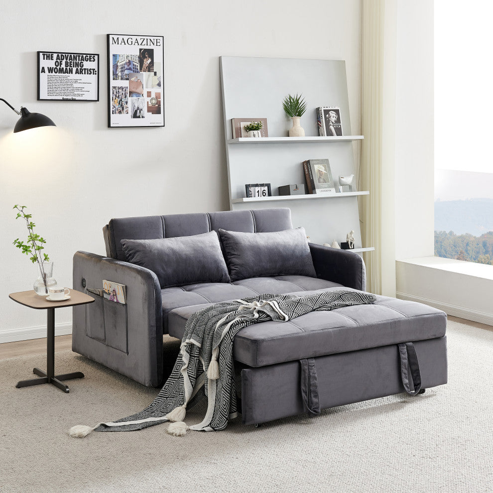 TATEUS 55.5" Twins Pull Out Sofa Bed Velvet for Small Room Grey