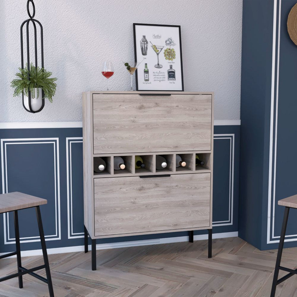 Rowan Bar Cabinet with 6 Wine Cubbies, Glass Rack, and Inner Shelves, Light Gray