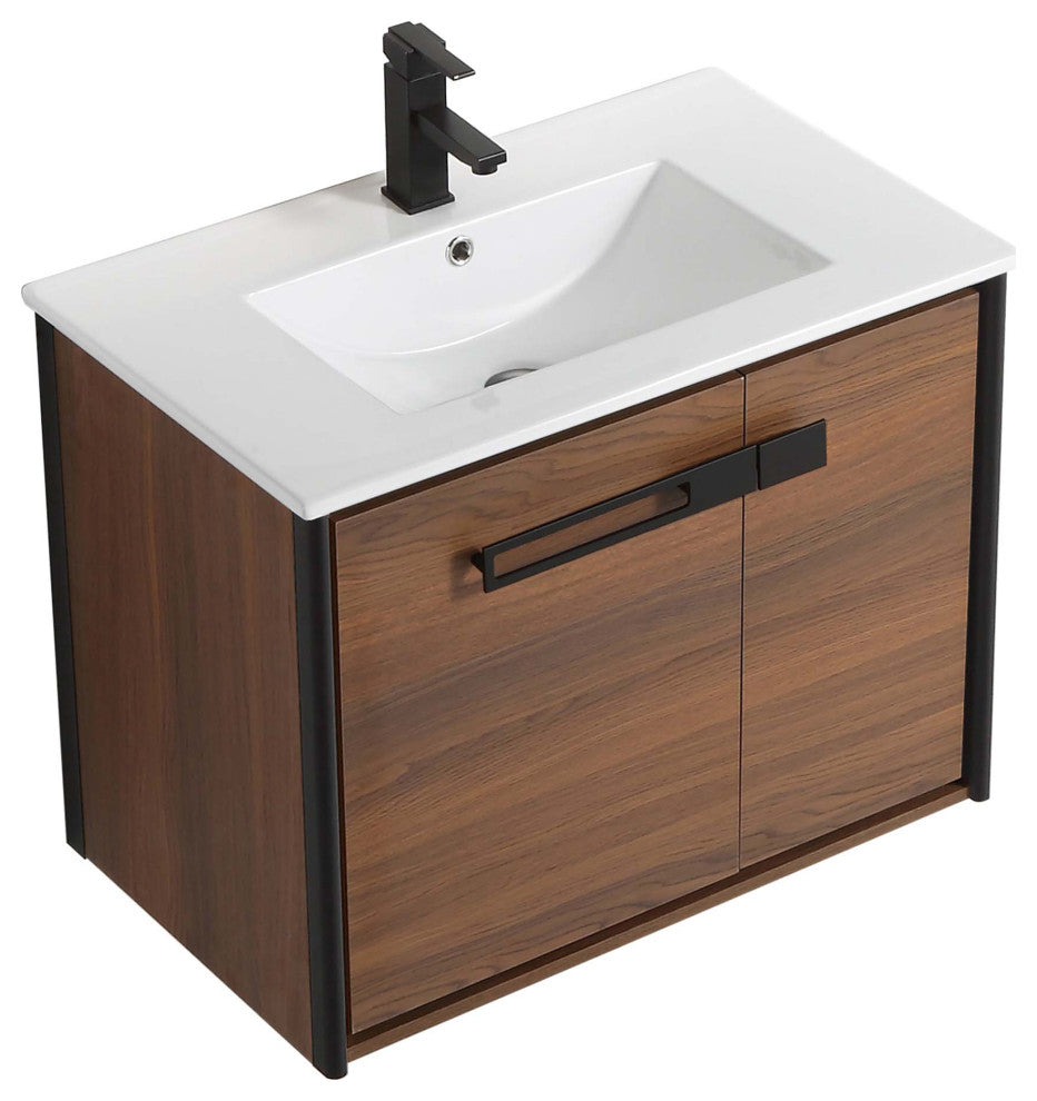Oakville Wall Mount Bathroom Vanity, Walnut Ebony, 30", Black Hardware