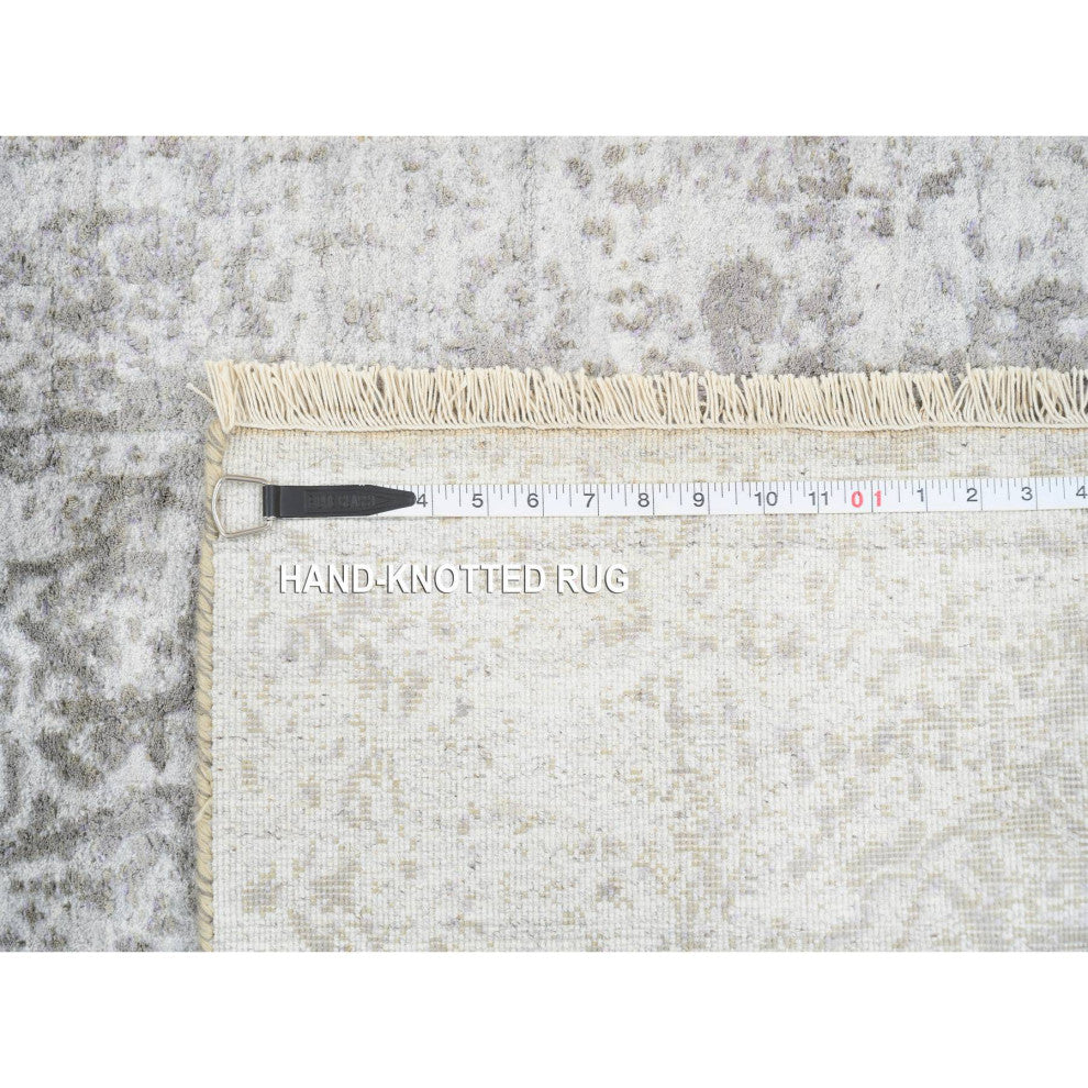Gray Broken Persian Design Wool and Pure Silk Hand Knotted Runner Rug, 2'6"x8'