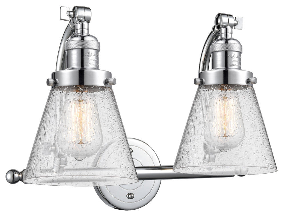 2-Light Small Cone 18" Bath Fixture, Polished Chrome, Glass: Seedy