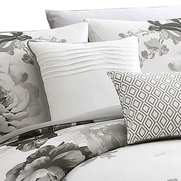 Benzara BM225192 7 Piece Queen Comforter Set with Floral Print, Gray & White
