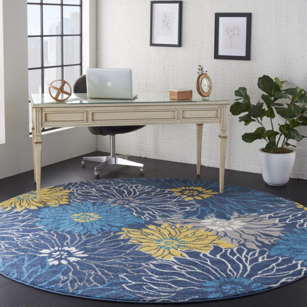 8 Round Blue Tropical Flower Area Rug