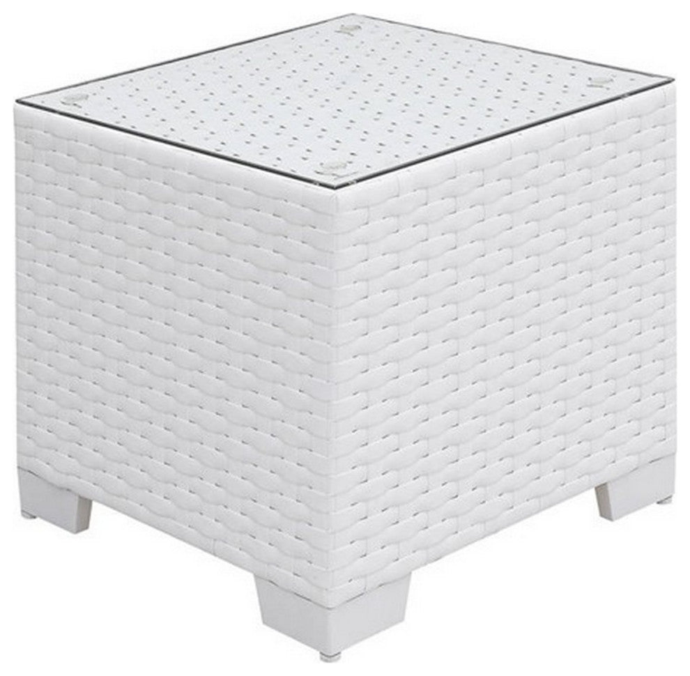 Benzara BM252479 Wicker 2 Accent Chairs With 2 Ottomans & Glass End Table, White