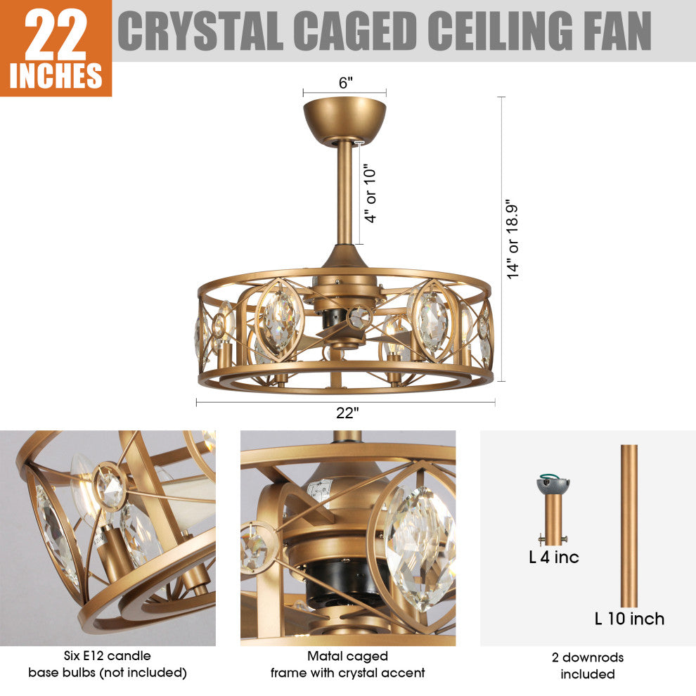 22 in Indoor Brass Gold Crystal Caged Ceiling Fan Chandelier With Remote