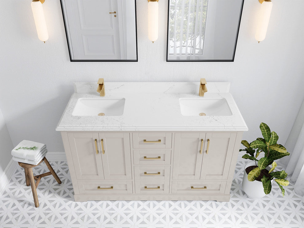 Boston 60" Double Bathroom Vanity in Fine Grain 1.5" Empira Quartz