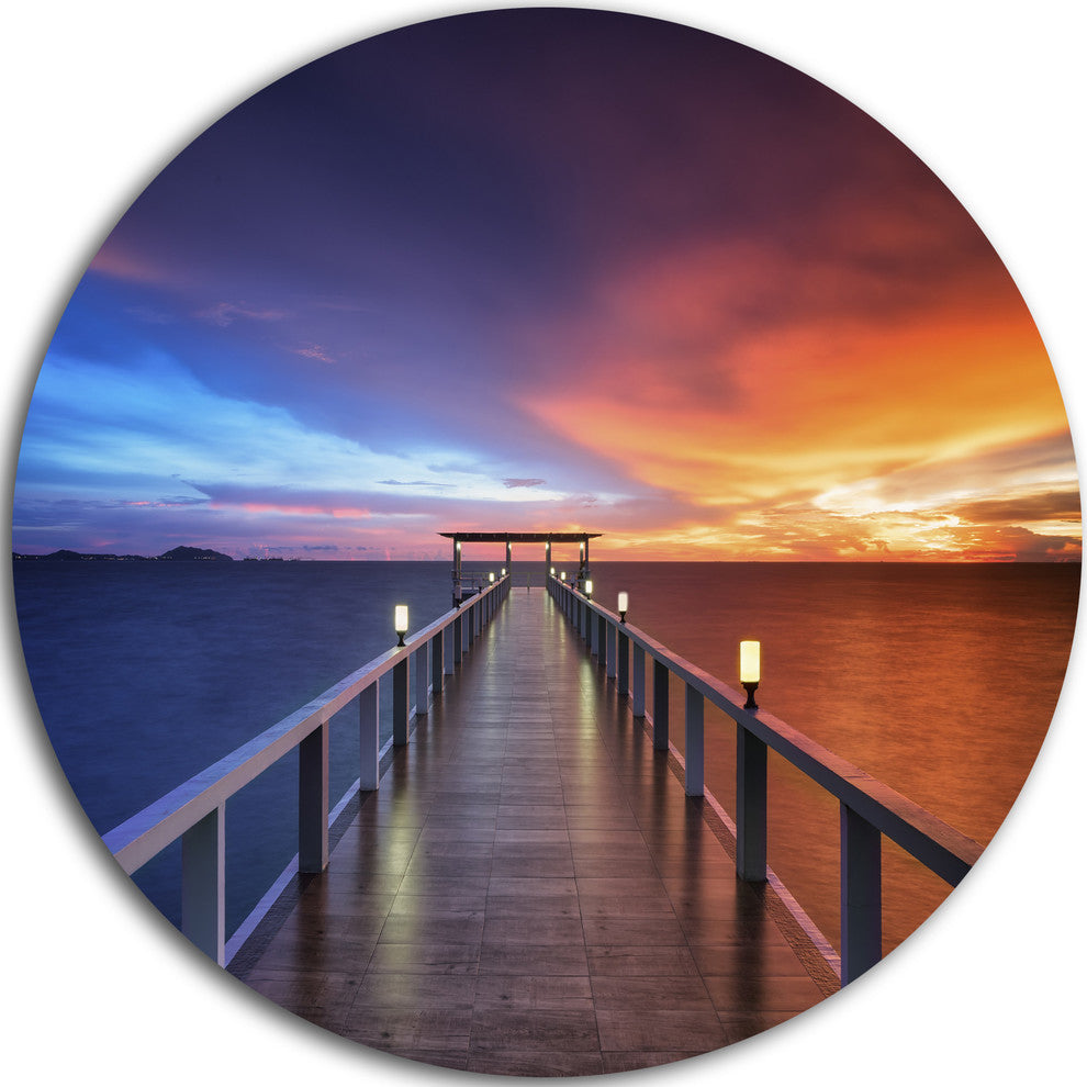 Picturesque Seashore With Long Pier, Sea Pier Round Wall Art, 23"
