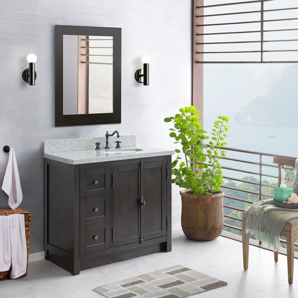 37" Single Vanity, Brown Ash With Gray Granite Top, Right Doors/Right Oval Sink