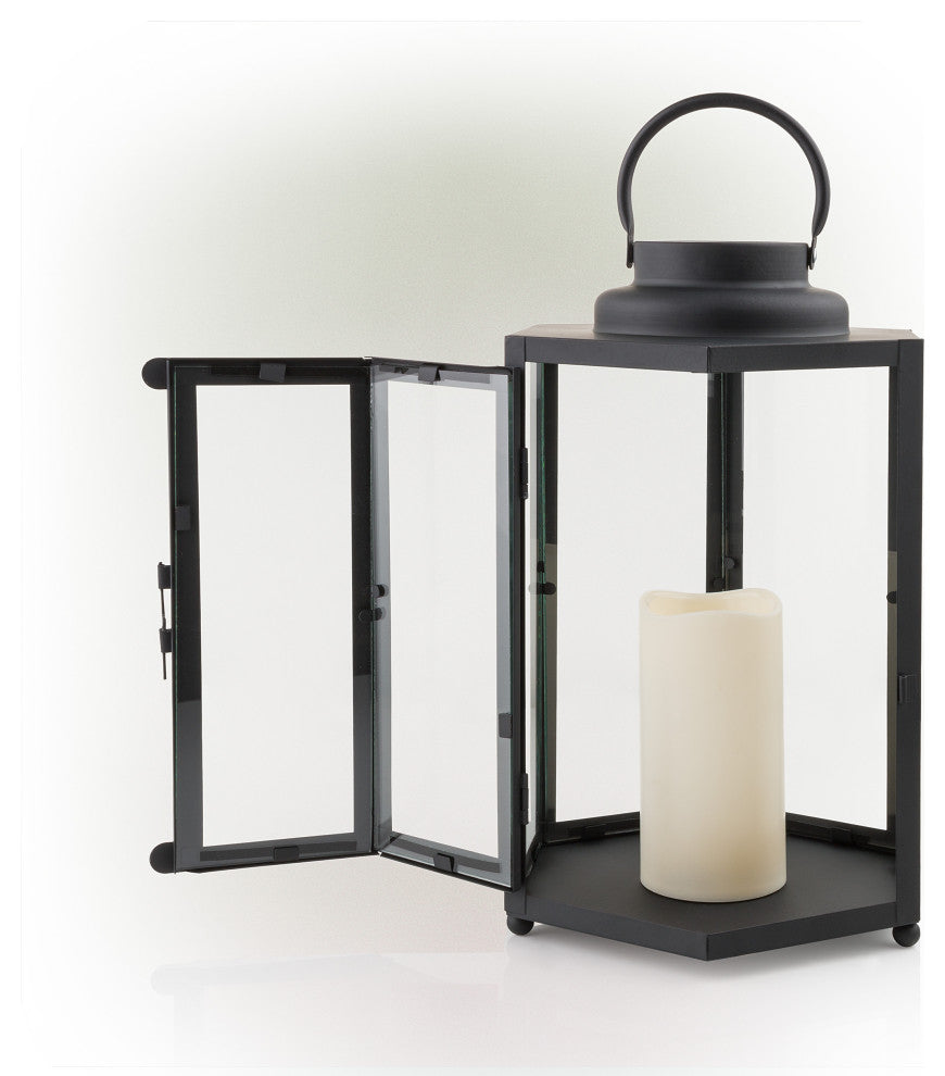 14" Tall Outdoor Hexagonal Battery-Operated Metal Lantern with LED Lights, Black