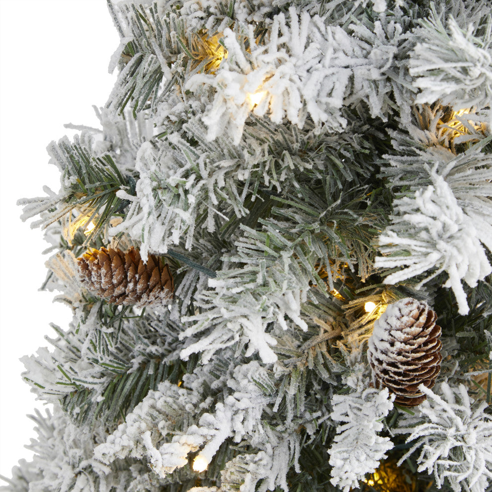 3' Flocked White River Mountain Pine Faux Xmas Tree W/Pinecones & Clear Lights