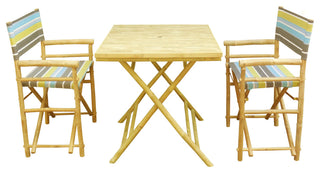 Bamboo Set of 2 Director Chairs and 1 Square Bamboo Table, Green Stripe