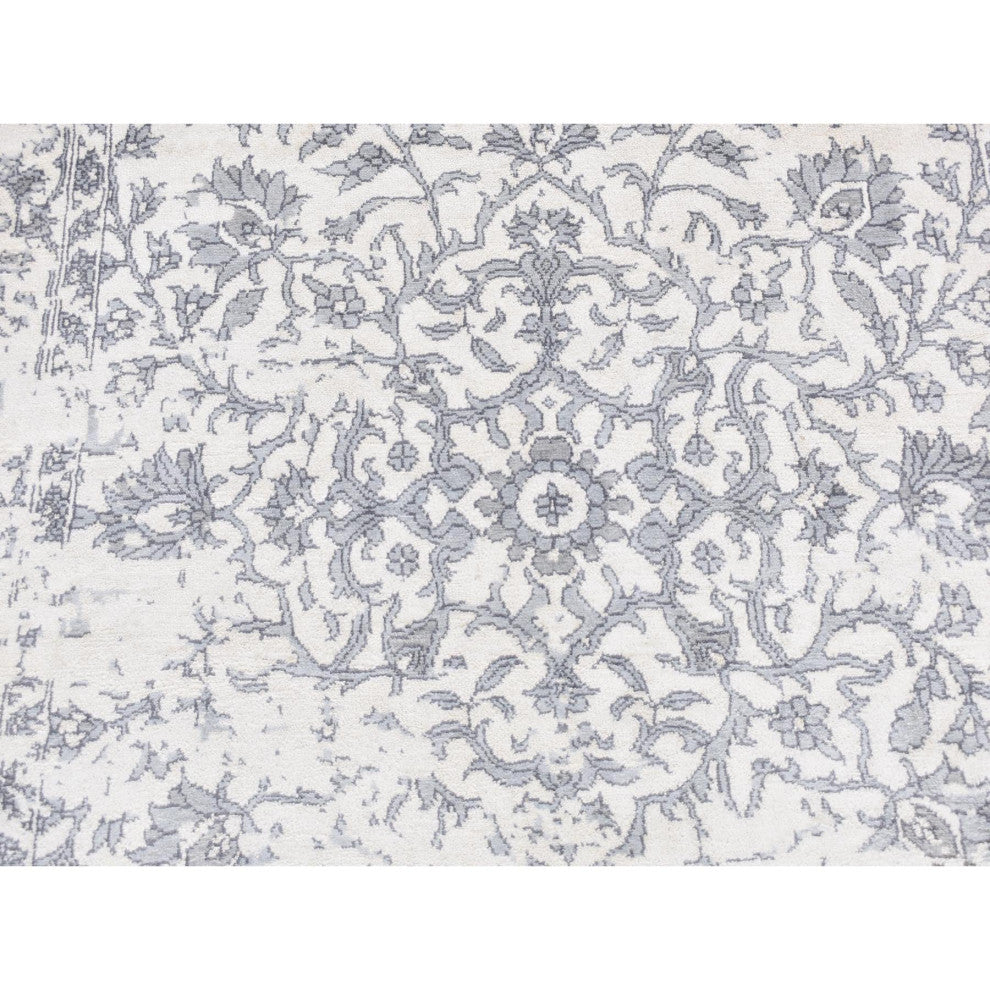 Ivory, Erased Persian Design, Plant Base Silk, Hand Knotted Rug, 5'2"x7'