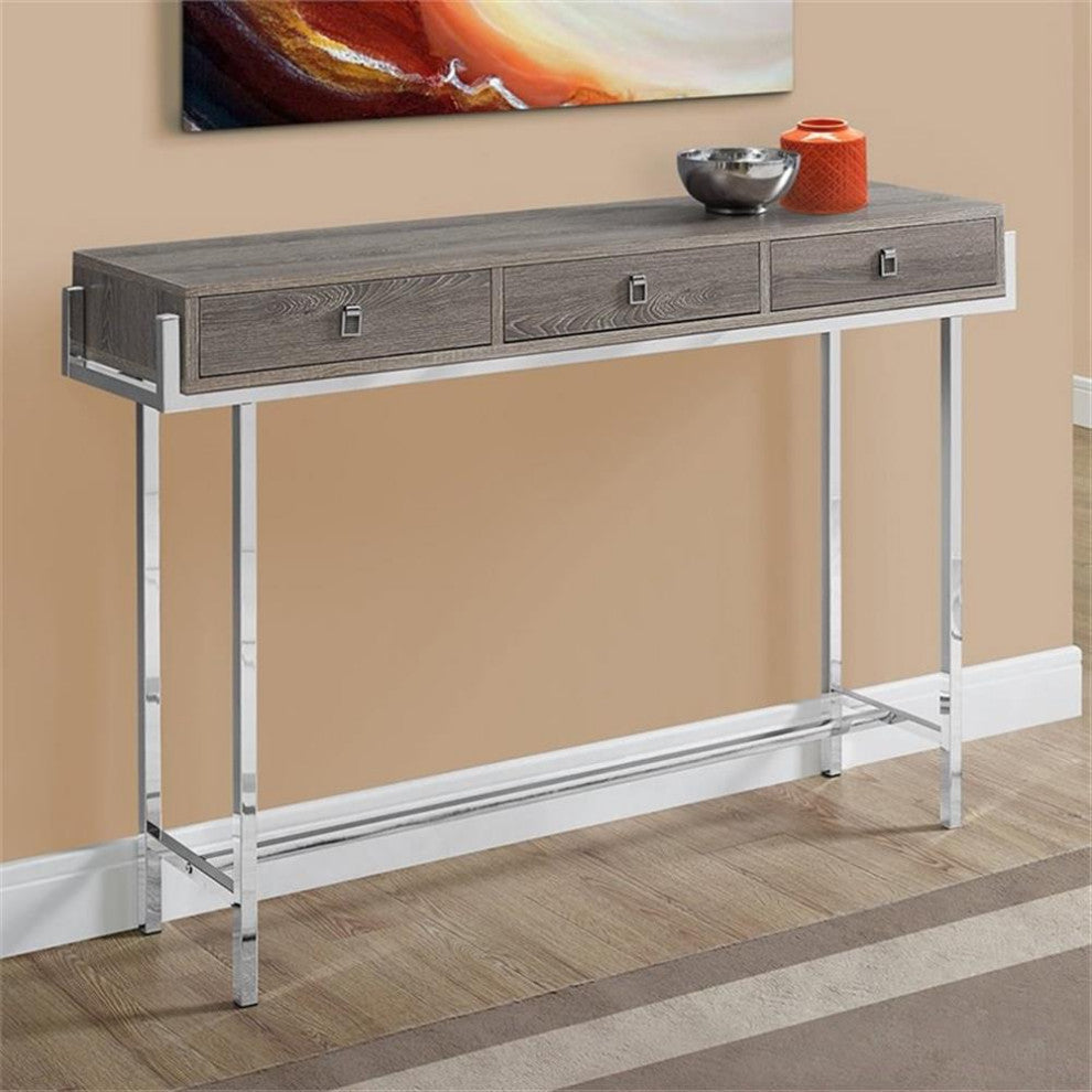 Accent Table, Narrow, Sofa, Storage Drawer, Metal, Laminate, Brown, Chrome