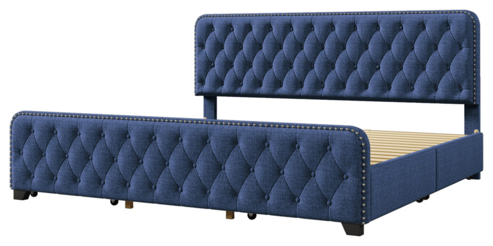 Metal Platform Bed with Headboard, Upholstered and 4-Drawer, Blue, 84.6" X 79.5"