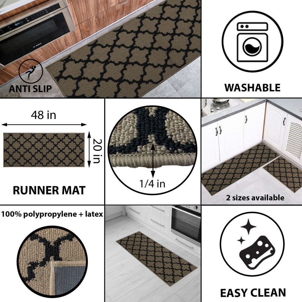Wool Effect Arabesque, Tan/Black, Kitchen Runner Rug
