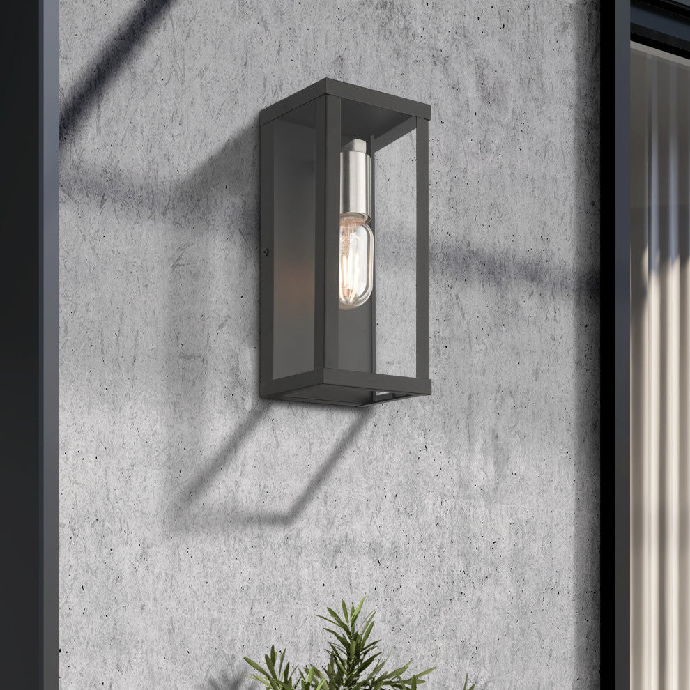 Gaffney 1-Light Black Outdoor ADA Medium Wall Lantern, Brushed Nickel Accents