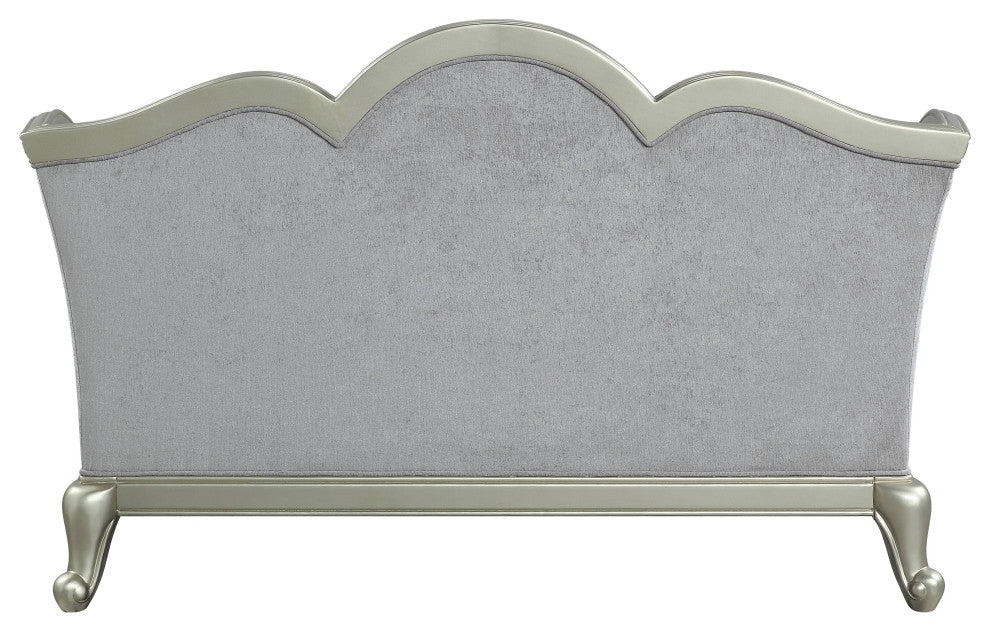 ACME Qunsia Loveseat With 4 Pillows, Light Gray Linen and Champagne Finish