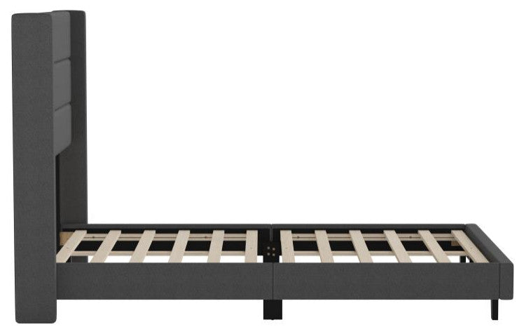 Hollis Upholstered Platform Bed with Wingback Headboard w/Mattress Foundation, Charcoal, Full
