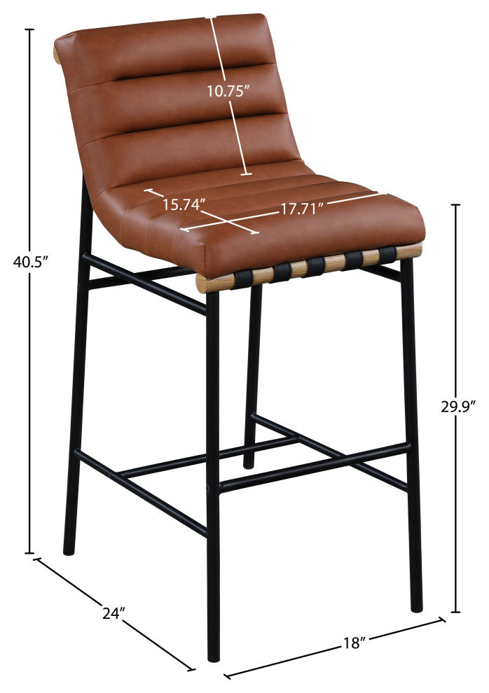 Burke Upholstered Bar Stool, Cognac, Vegan Leather, White Oak Veneer Metal Dowel