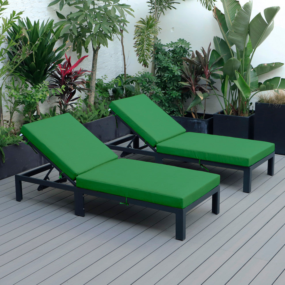 LeisureMod Chelsea Aluminum Chaise Lounge Chair With Cushions, Set of 2, Green