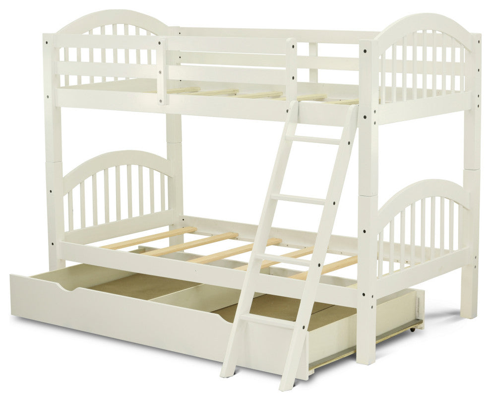 Verona Twin Bunk Bed In White Finish With Convertible Trundle & Drawer
