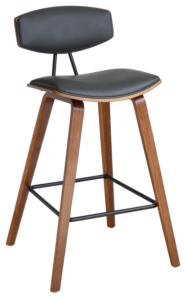 Fox 26" Mid-Century Counter Height Barstool, Gray Faux Leather With Walnut Wood