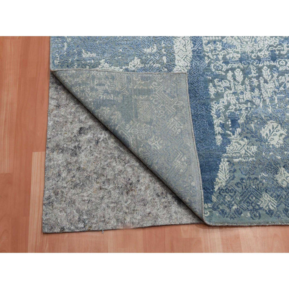 Blue Wool and Pure Silk Hand Knotted Jewellery Design Oriental Rug, 7'10"x10'0"