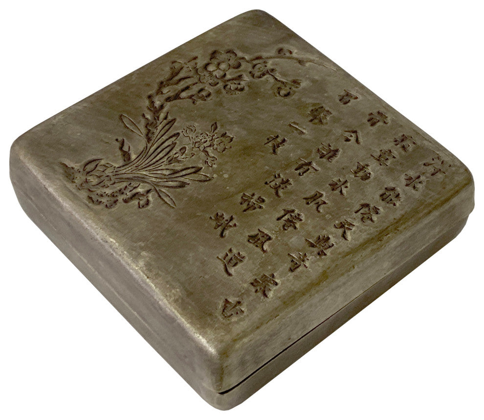 Oriental Pewter Nickel Color Flower Calligraphic Engraved Trinket Box Hws1334