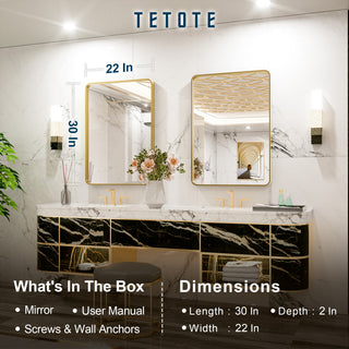 Metal Frame Decorative Rectangular Wall Mount Mirror, Gold, 20" x 28"