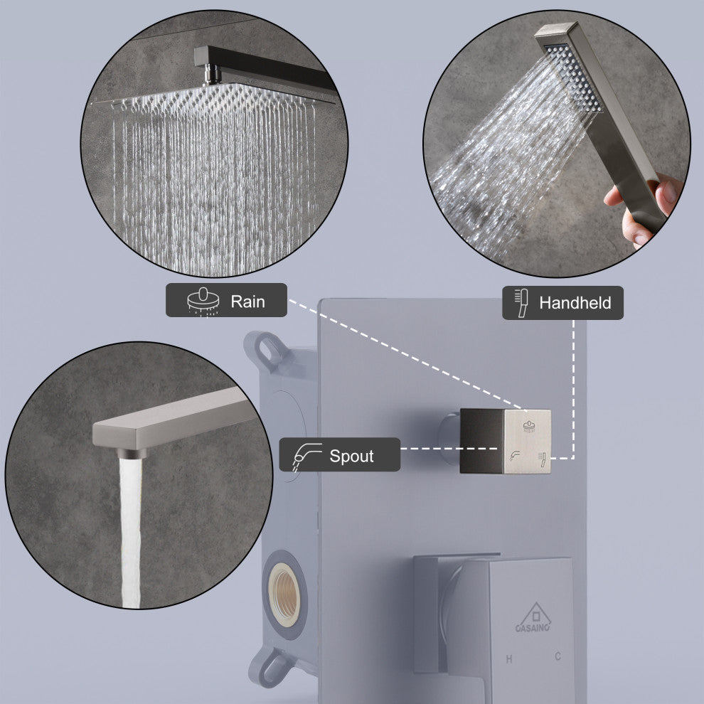 CASAINC 10" Wall Mounted Luxury Dual Rainfall Shower System Kit w Bathtub Spout, Brushed Nickel
