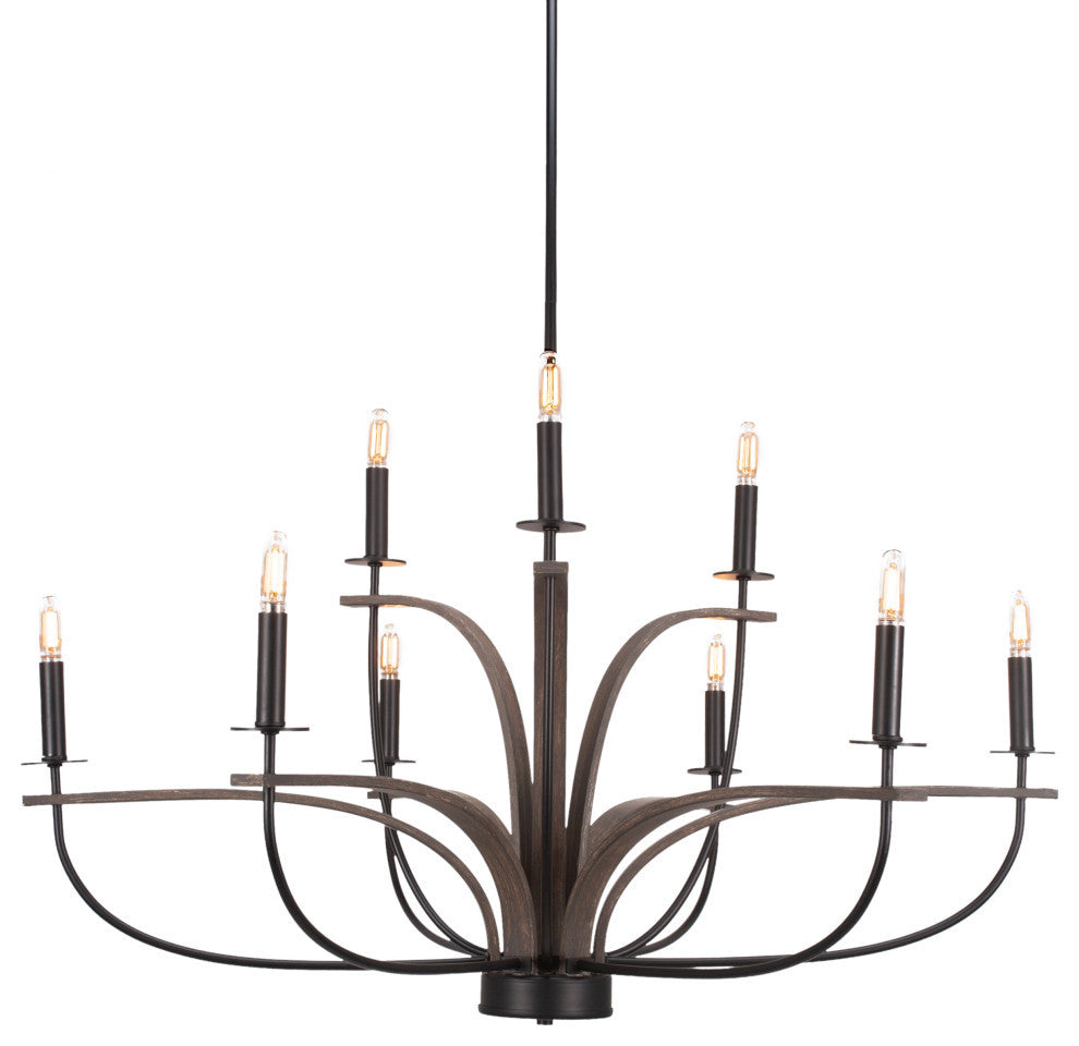 Monterey Uplight 9-Light Chandelier, Matte Black & Painted Distressed Wood-look