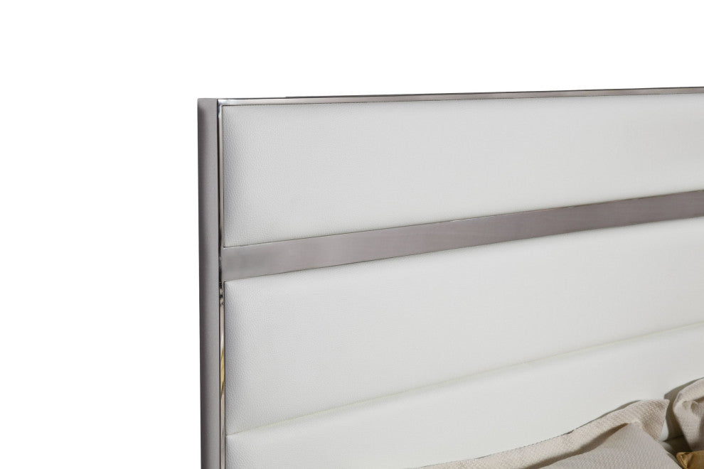 Modrest Cartier Modern White Vegan Leather + Stainless Steel Bed, Queen