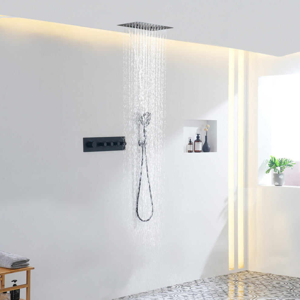 16 Inch Luxury Thermostatic Shower System, Matte Black