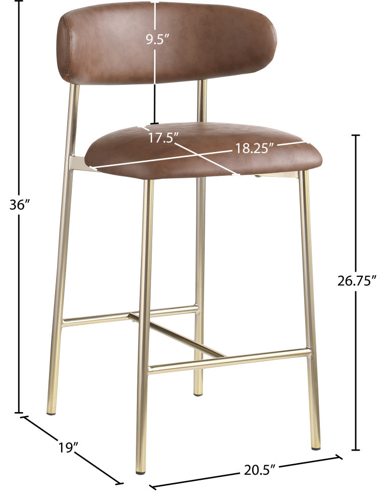 Lupita Upholstered Counter Stool, Brown, Vegan Leather, Brushed Gold, Set of 2
