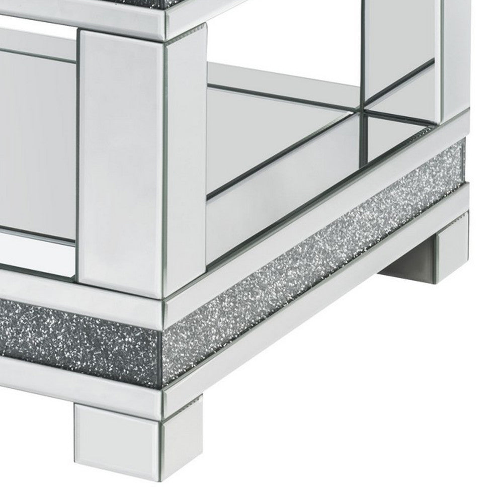 Benzara BM252335 Coffee Table With Open Shelf and Mirror Panels, Silver