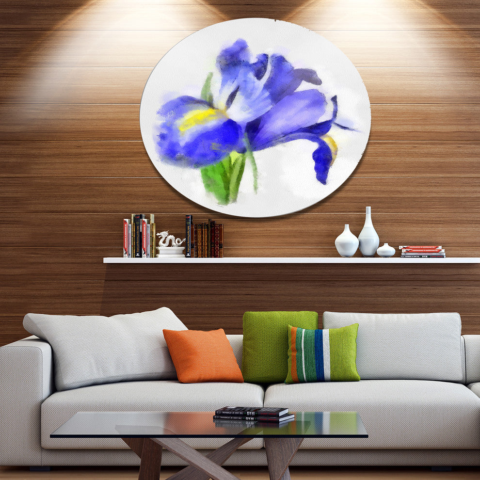 Blue Iris Illustration Watercolor, Floral Round Metal Wall Art, 23"