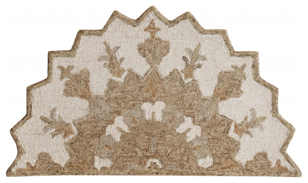 2' X 4' Tan and Beige Wool Medallion Hand Woven Half Circle Area Rug