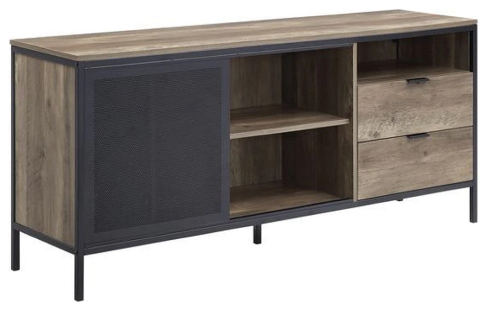 Benzara BM266445 TV Stand With Metal Frame, Rustic Oak Brown and Black