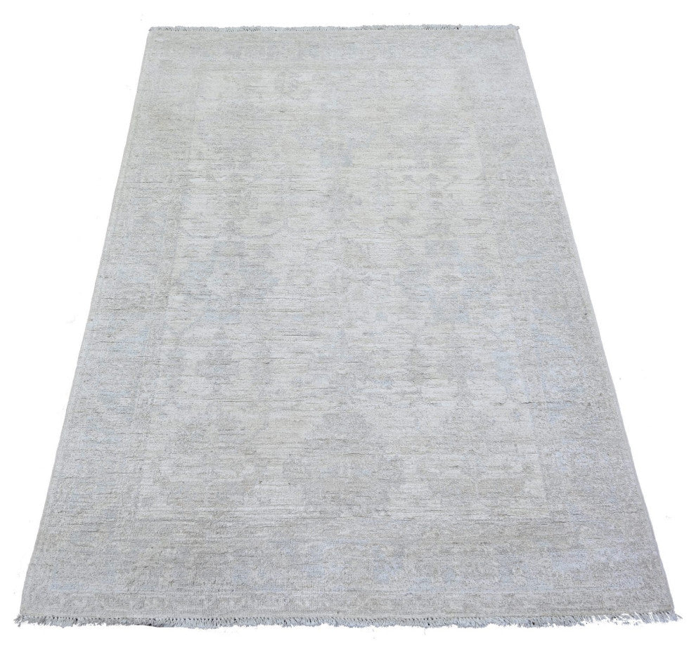Ivory Washed Out Peshawar Faded Designs Wool Hand Knotted Rug, 3'10"x5'7"